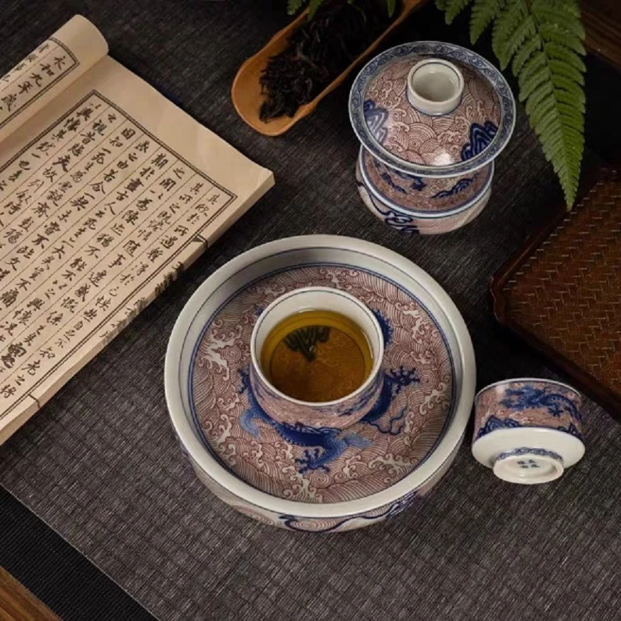 【景德镇】焱匠堂青花釉下红海水龙套组