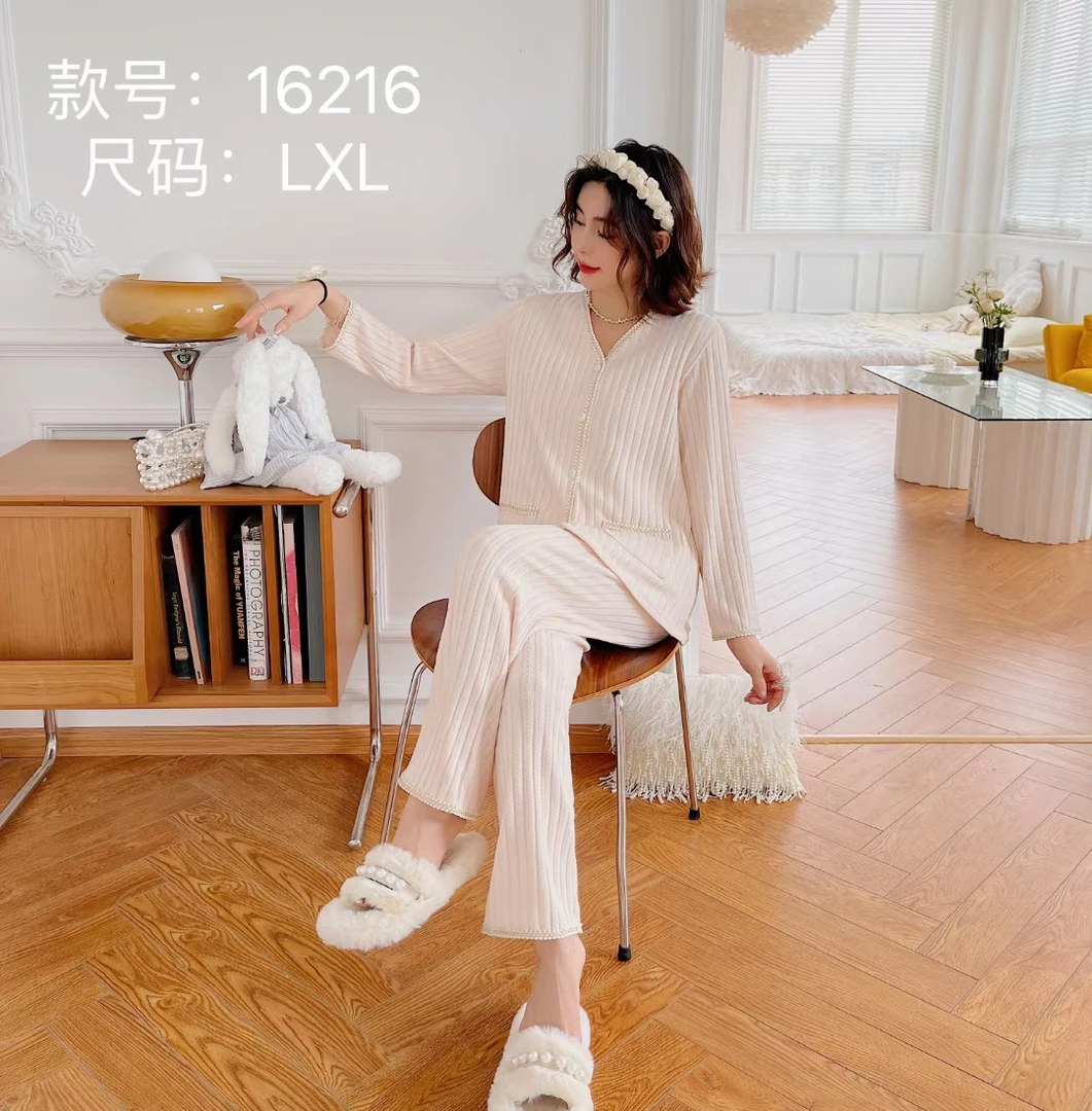 春秋季长袖可外穿纯色大码女士睡衣家居服