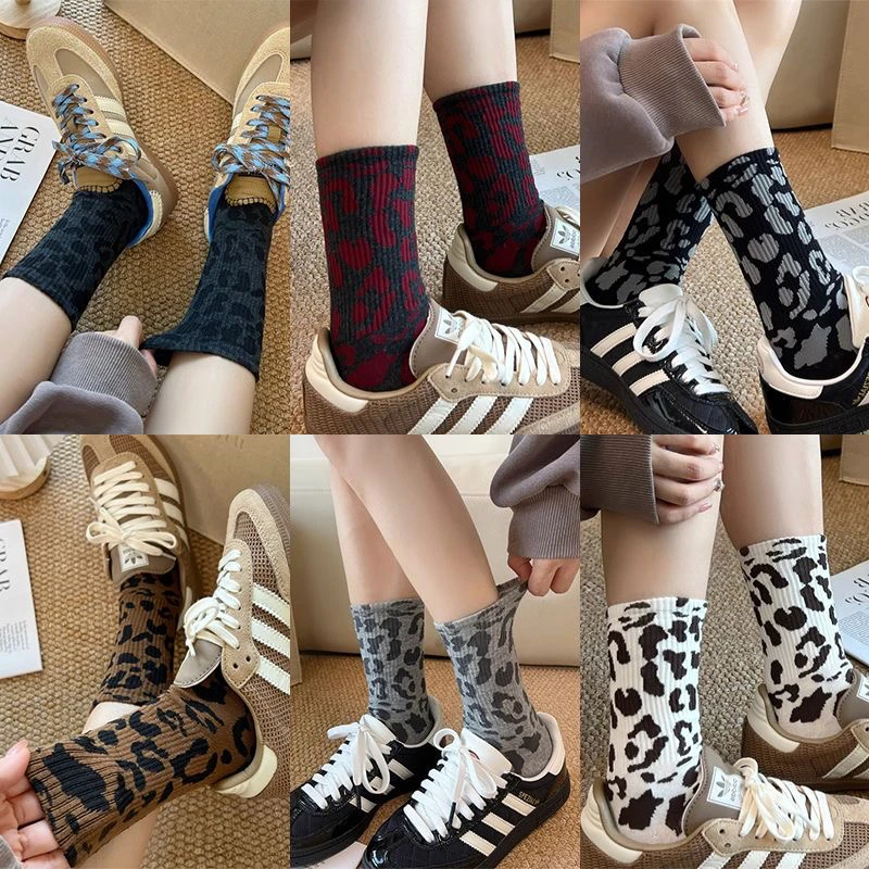十双女士豹纹高筒堆堆袜袜子舒适透气吸汗