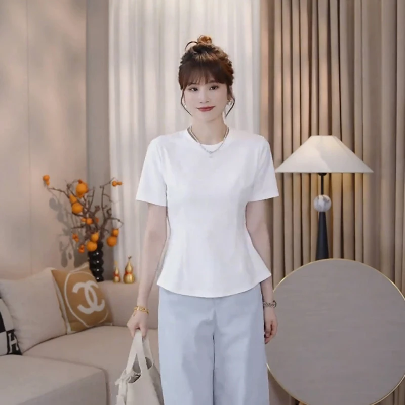 时尚简约韩版白色短袖T恤女2025夏季新款洋气收腰显瘦休闲上衣潮