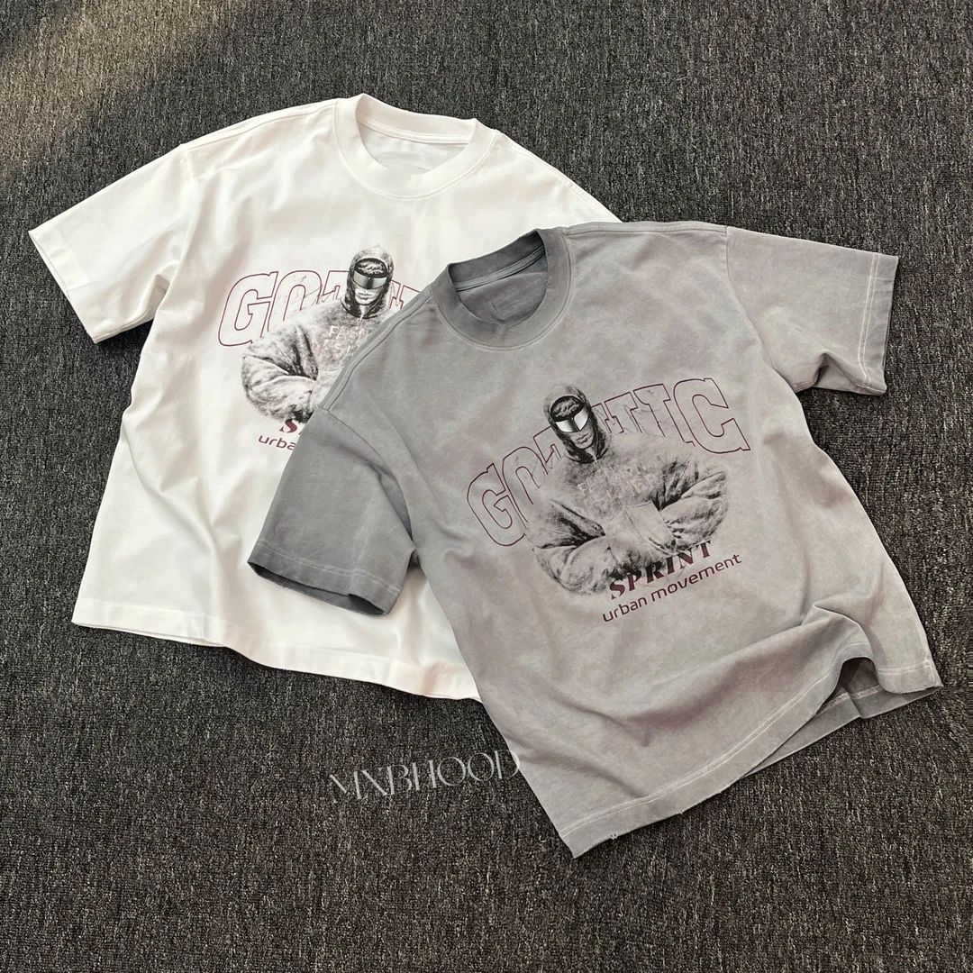 【阿信】夏季常规纯棉美式印花水洗做旧皮标简约风圆领个性短袖T恤