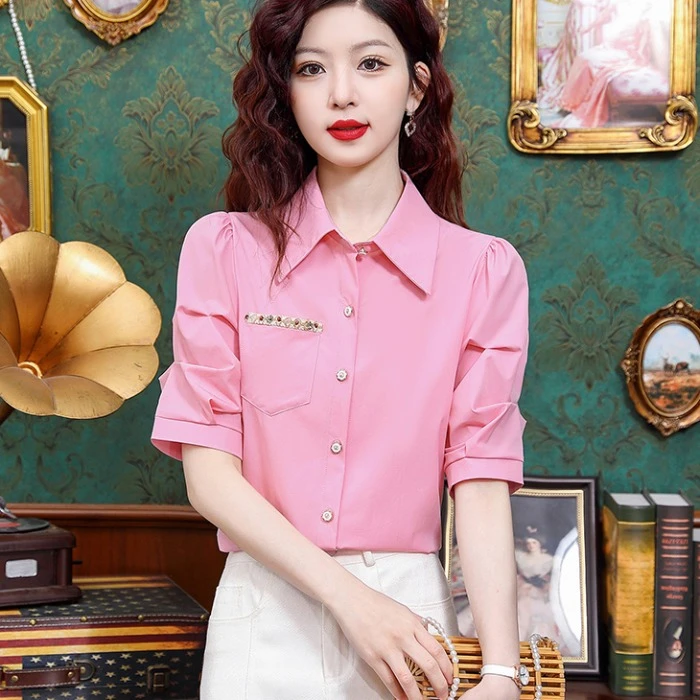 法式复古港味时尚气质设计感短袖衬衫女夏季新款洋气小衫上衣衬衣