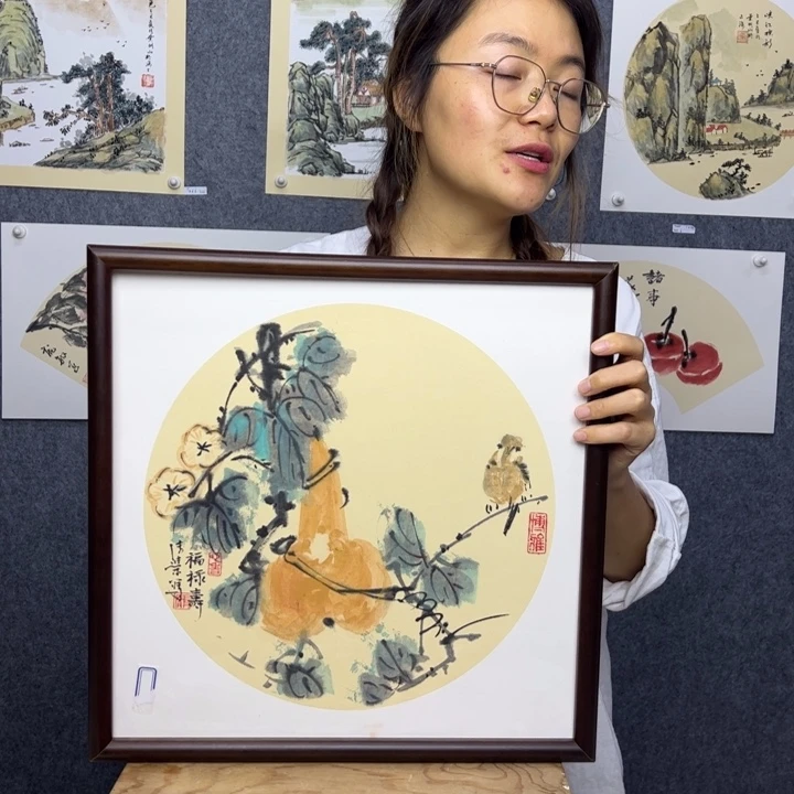 国画手绘福禄寿禧图带框