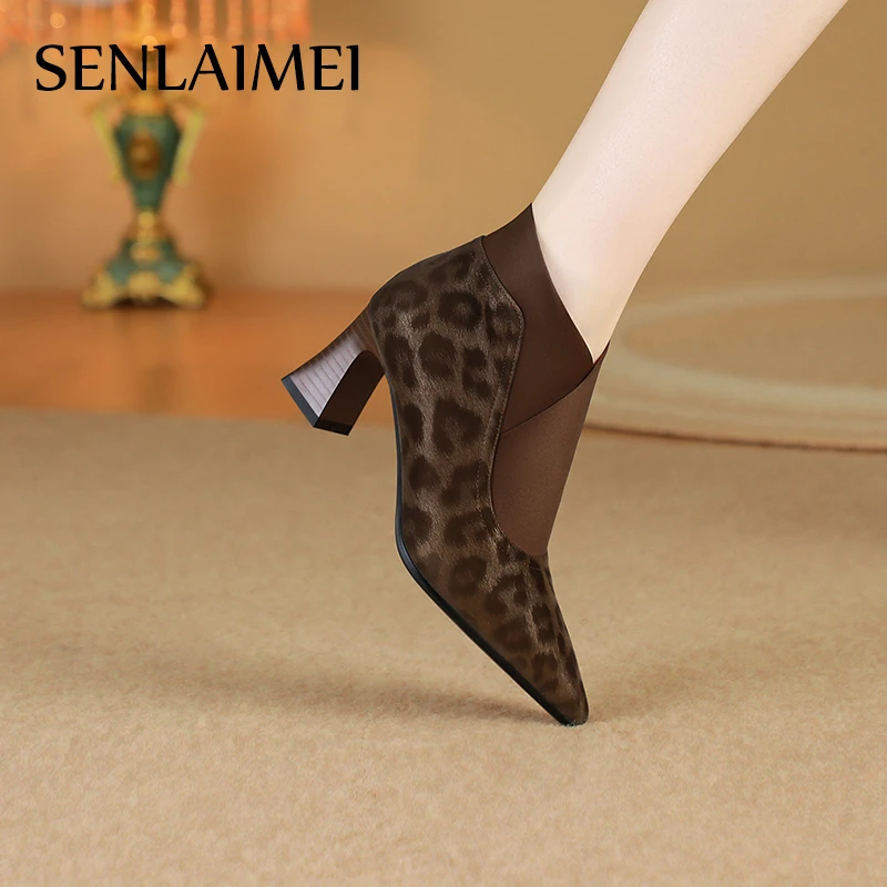 SLM牛皮单靴8993时尚真皮33-41粗跟V口豹纹短靴高跟时装靴短靴子