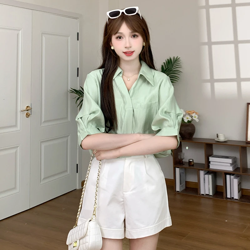 慕兔港风复古纯色短袖衬衫女装2024夏季新款小众宽松百搭显瘦上衣