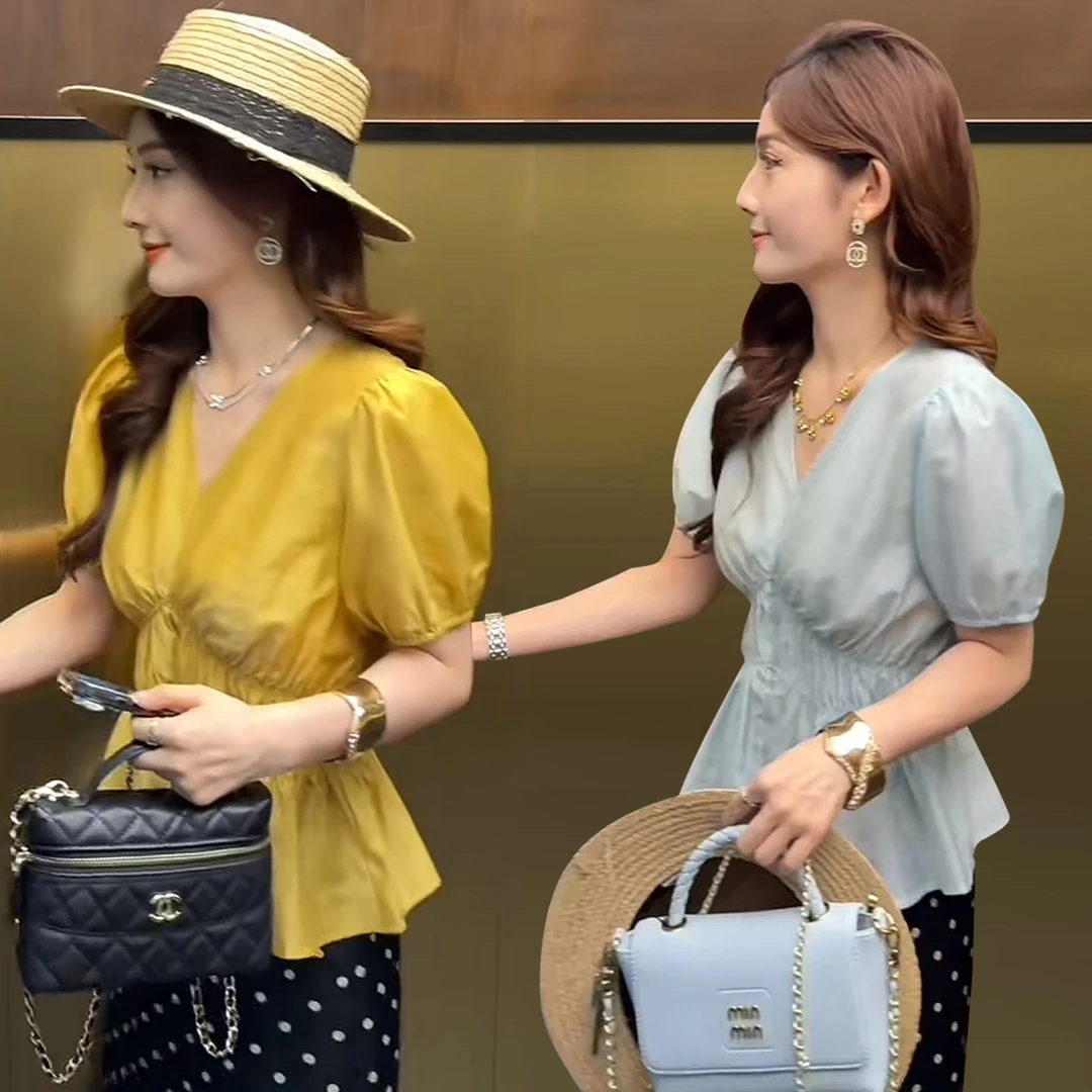 法式高级感V领短袖衬衫女2025年夏季新款流行超好看收腰显瘦小衫