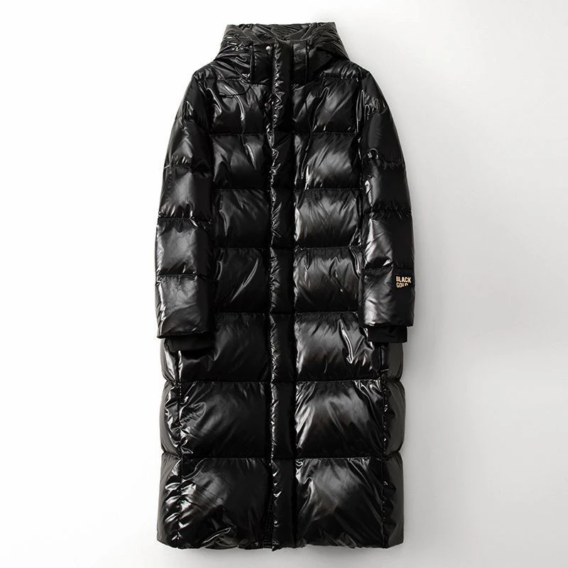 长款冬季新款男女鸭绒保暖黑金情侣加厚连帽外套亮面羽绒服