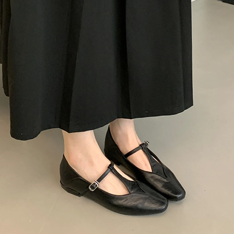 UHCK平底鞋子浅口单鞋女2025新款春季方头浅口玛丽珍女鞋软底豆豆