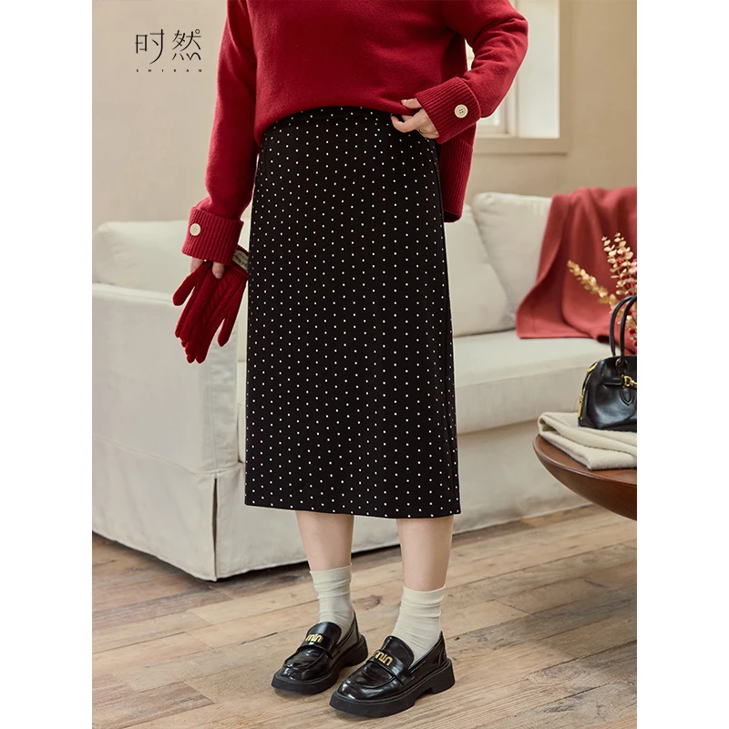 时然微胖大码女装冬季新款波点直筒半身裙韩系保暖包臀裙显瘦长裙