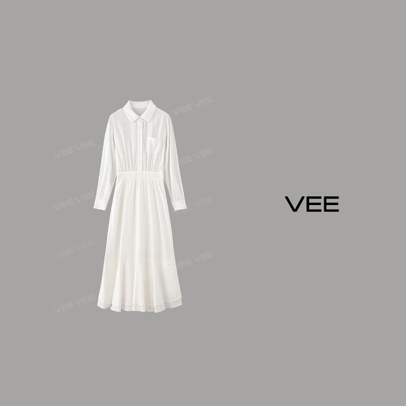 VEE【游园会】新款白色长袖衬衫连衣裙通勤优雅中长连衣裙
