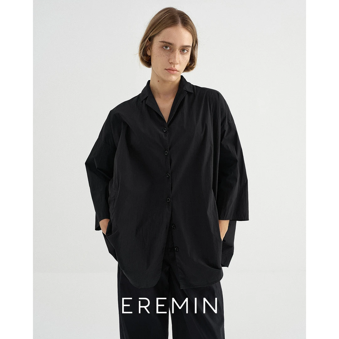 DE Mincollection廓形翻领衬衫/日系纸棉落肩宽松七分袖衬衫55679