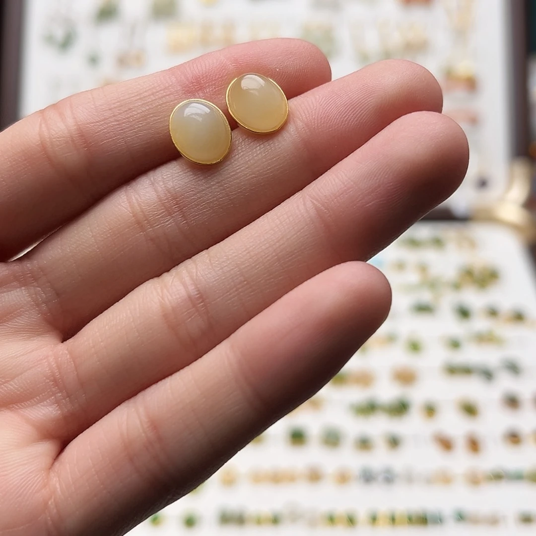 银S925镀金镶嵌和田玉耳钉