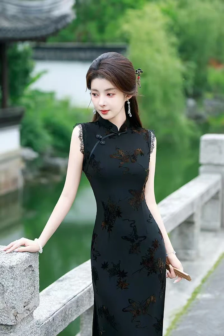 【梦蝶】高端牛奶丝夏季显瘦时尚中长款改良修身无袖弹力旗袍A2