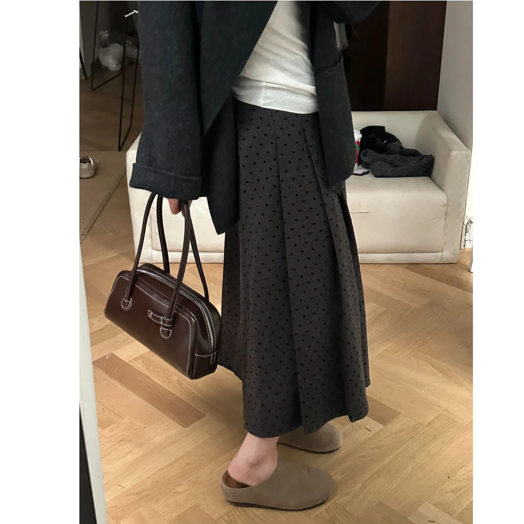 秋冬新款桃心波点毛呢A字半身裙大码女装微胖mm高腰显瘦百褶长裙