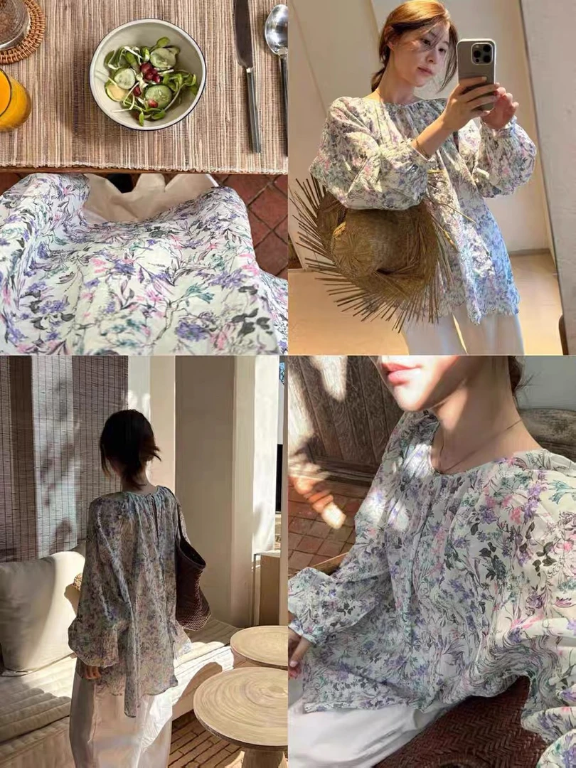 灰灰呀！十三行刚上新！韩系复古后背系带 圆领碎花长袖衬衫