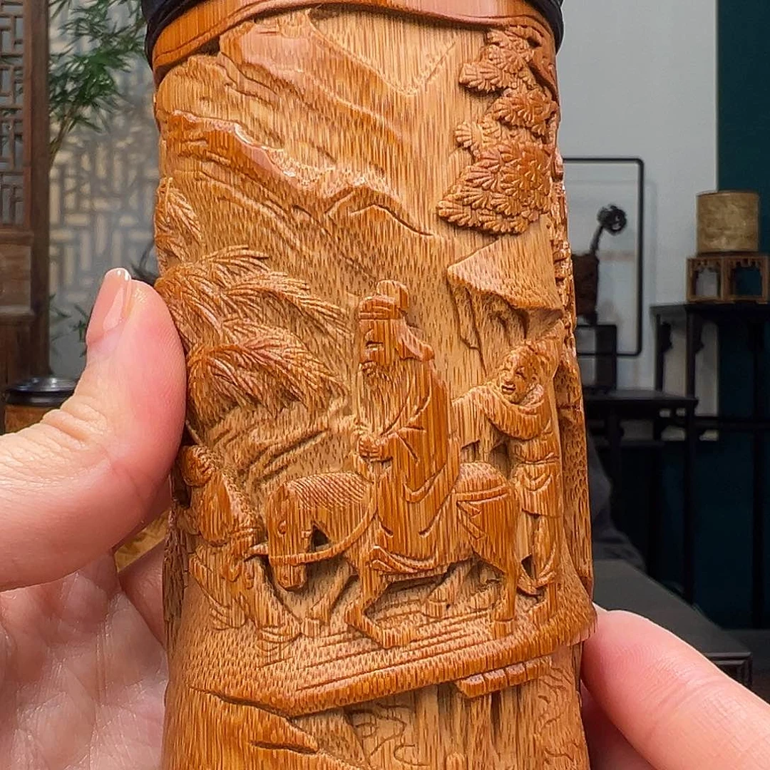 竹竹雕行旅图茶叶罐