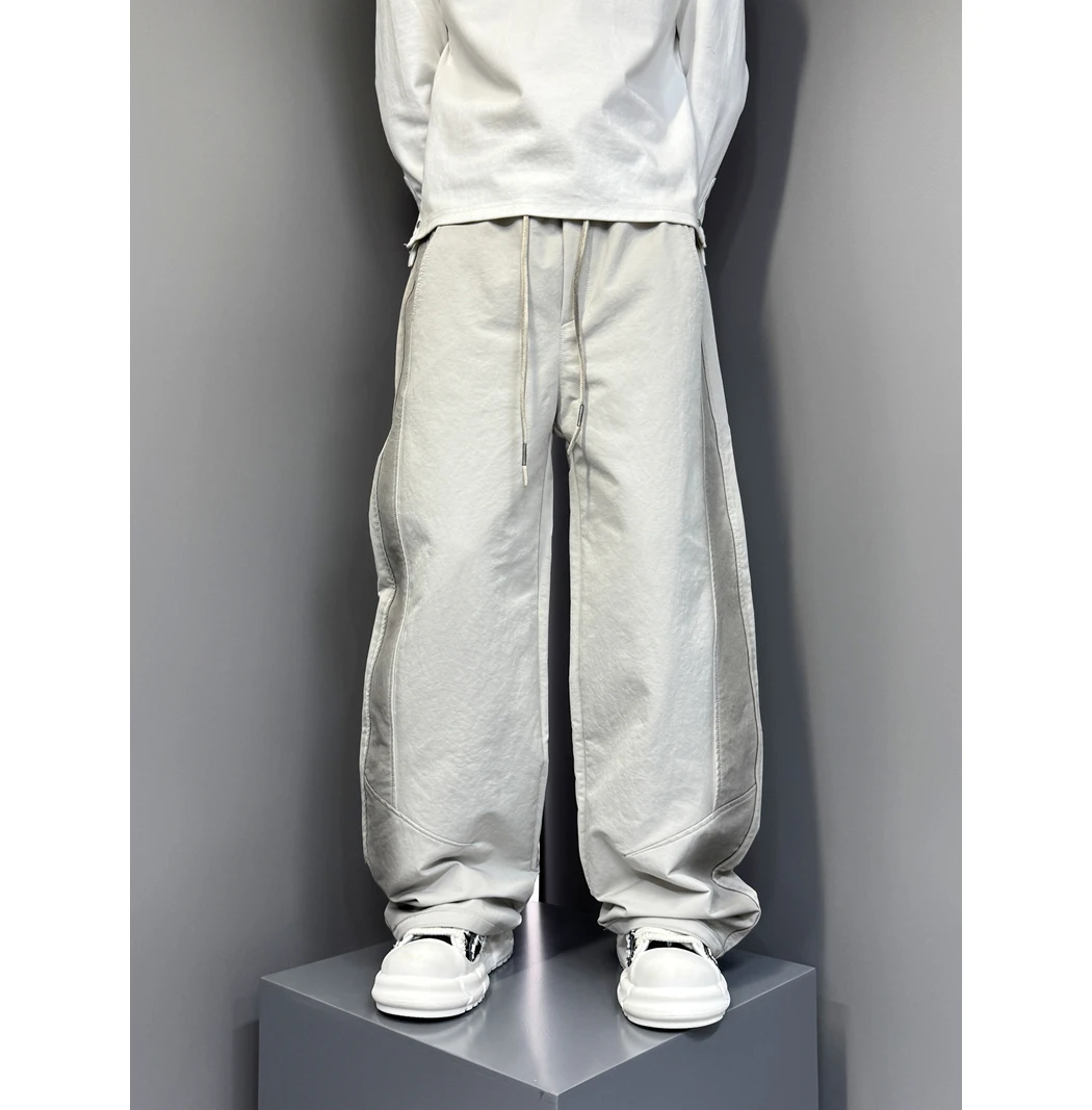 2025早秋新款美式阔腿拼接休闲裤男士重磅宽松直筒裤痞帅运动裤子