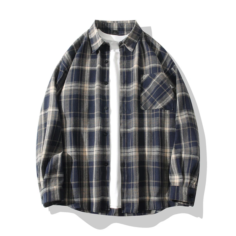 春秋季复古格子衬衫男士宽松休闲百搭衬衣港风休闲情侣长袖外套