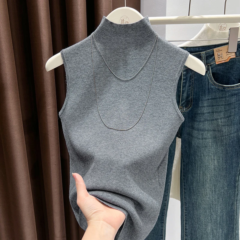 通勤风百搭半高领无袖针织背心T恤秋季新款时髦薄款纯色内搭上衣