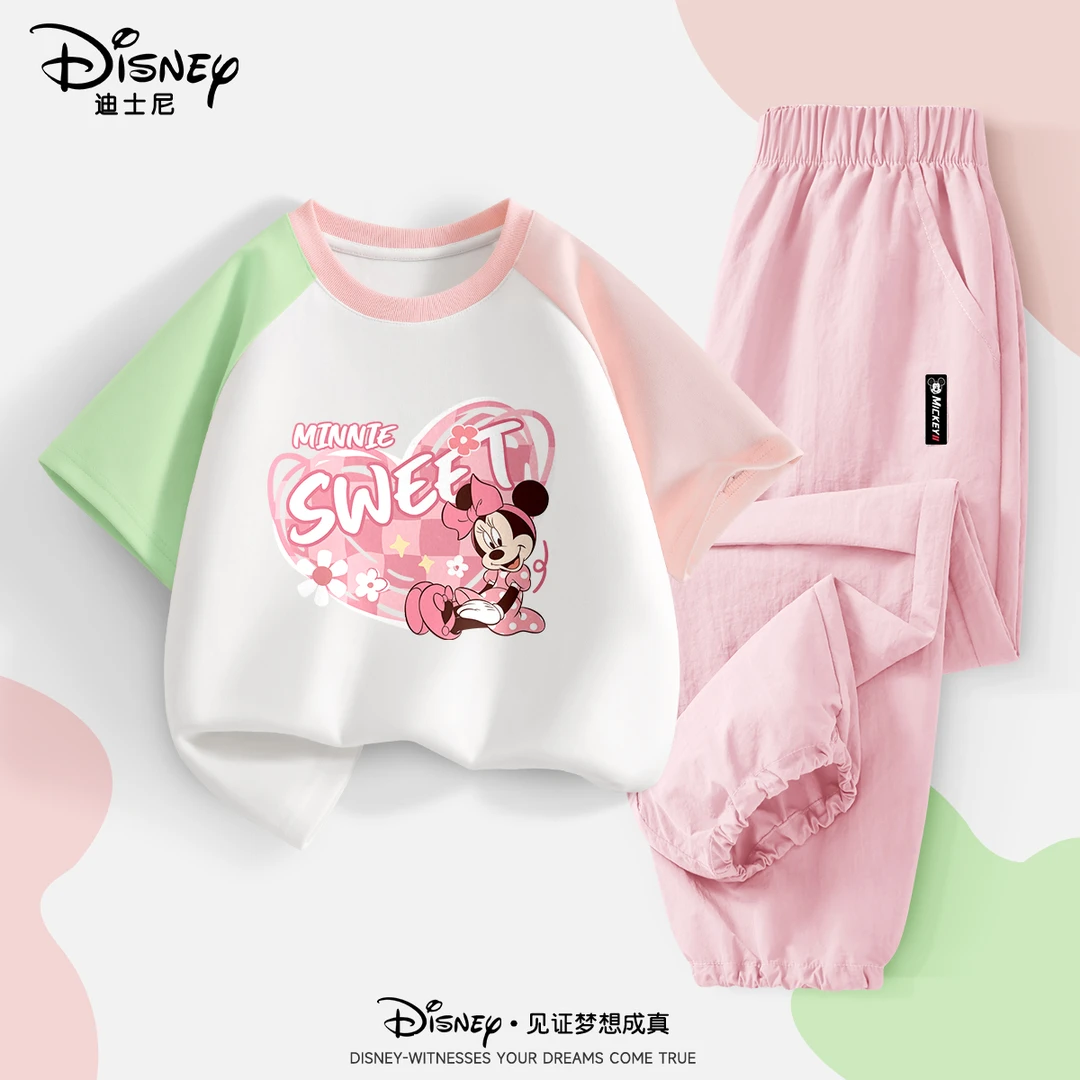 迪士尼女童夏装套装2024新款洋气女孩运动裤子短袖童装夏季儿童衣