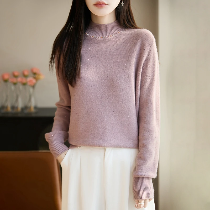 时尚品牌女装半高领珠片毛针织衫珠片气质简约亲肤毛衣厚款长袖