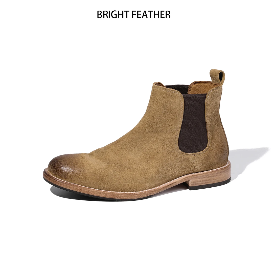 BRIGHT FEATHER反绒一脚蹬男士商务切尔西靴水洗做旧高帮靴欧美风