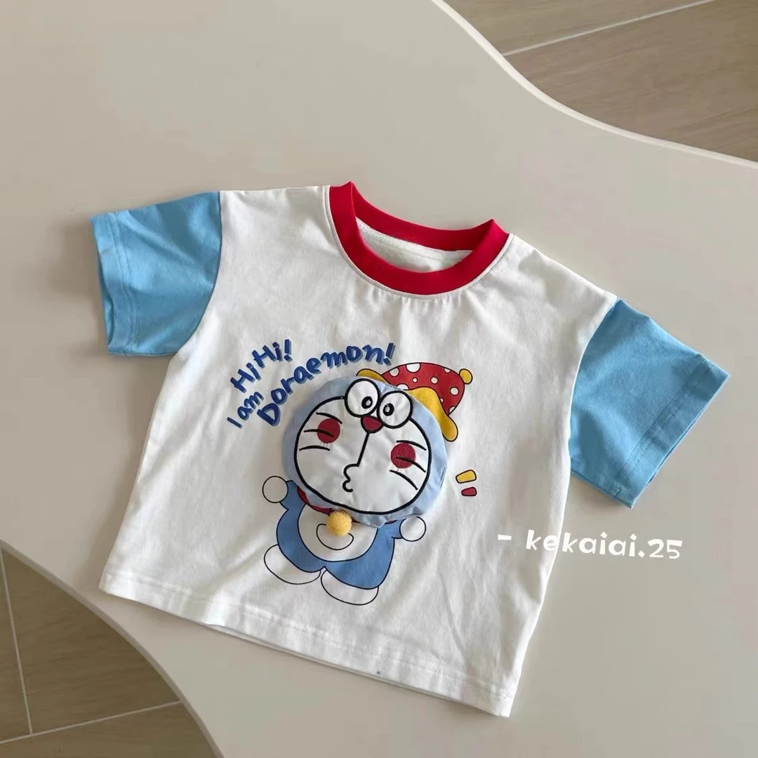 纯棉卡通男女童短袖儿童夏季刺绣立体t恤时尚宝宝拼色上衣小童潮