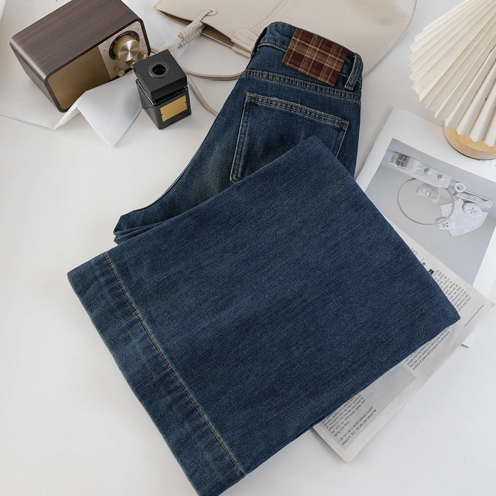 028美式不贴腿微喇裤复古高腰阔腿牛仔女秋冬加绒垂感拖地裤