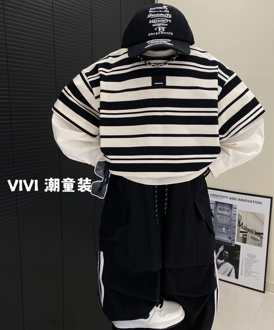 VIVI童装 2025春款潮流中大童洋气时尚假两件刺绣长袖T恤休闲条纹