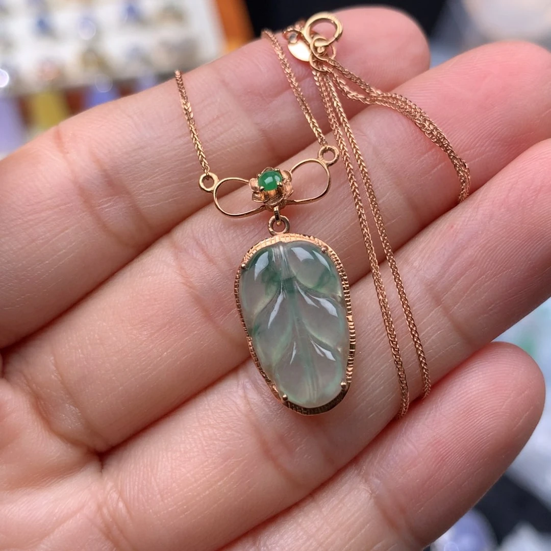 翡翠18K金镶嵌套链叶子锁骨链