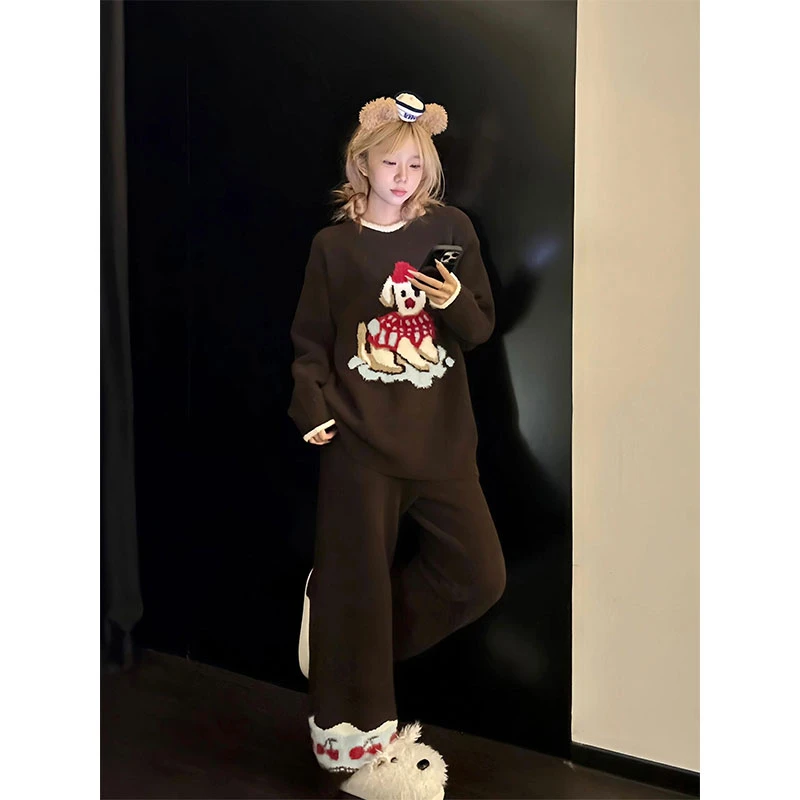 软萌圣诞小狗半边绒睡衣女秋冬季新款保暖加厚长袖长裤家居服套装