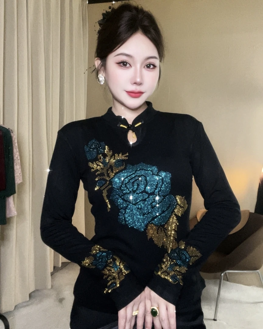 多彩国风镶钻打底衫2025春秋新款时尚烫钻上衣修身显瘦长袖女T