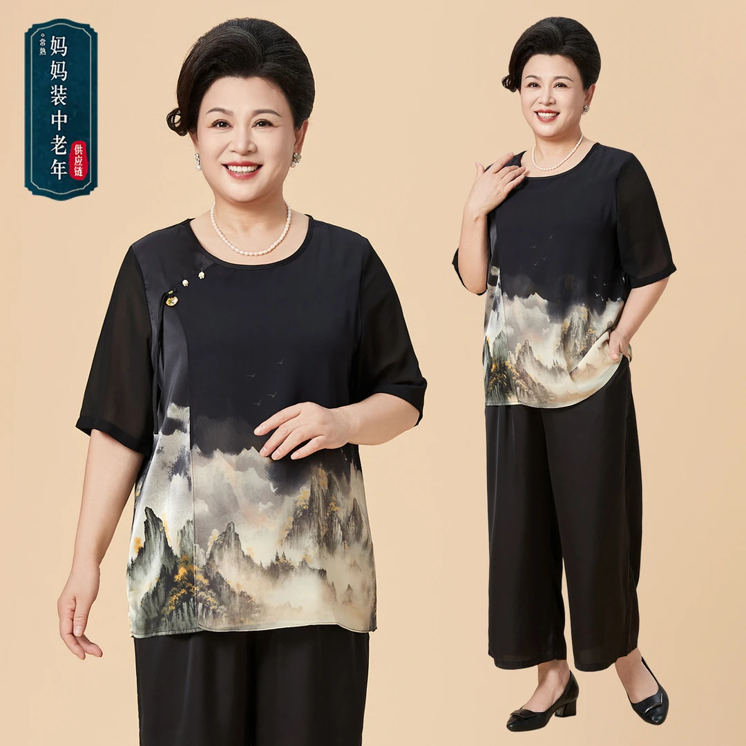 妈妈装夏季新中式圆领套头短袖印花两件套大码妈妈装舒适国风套装