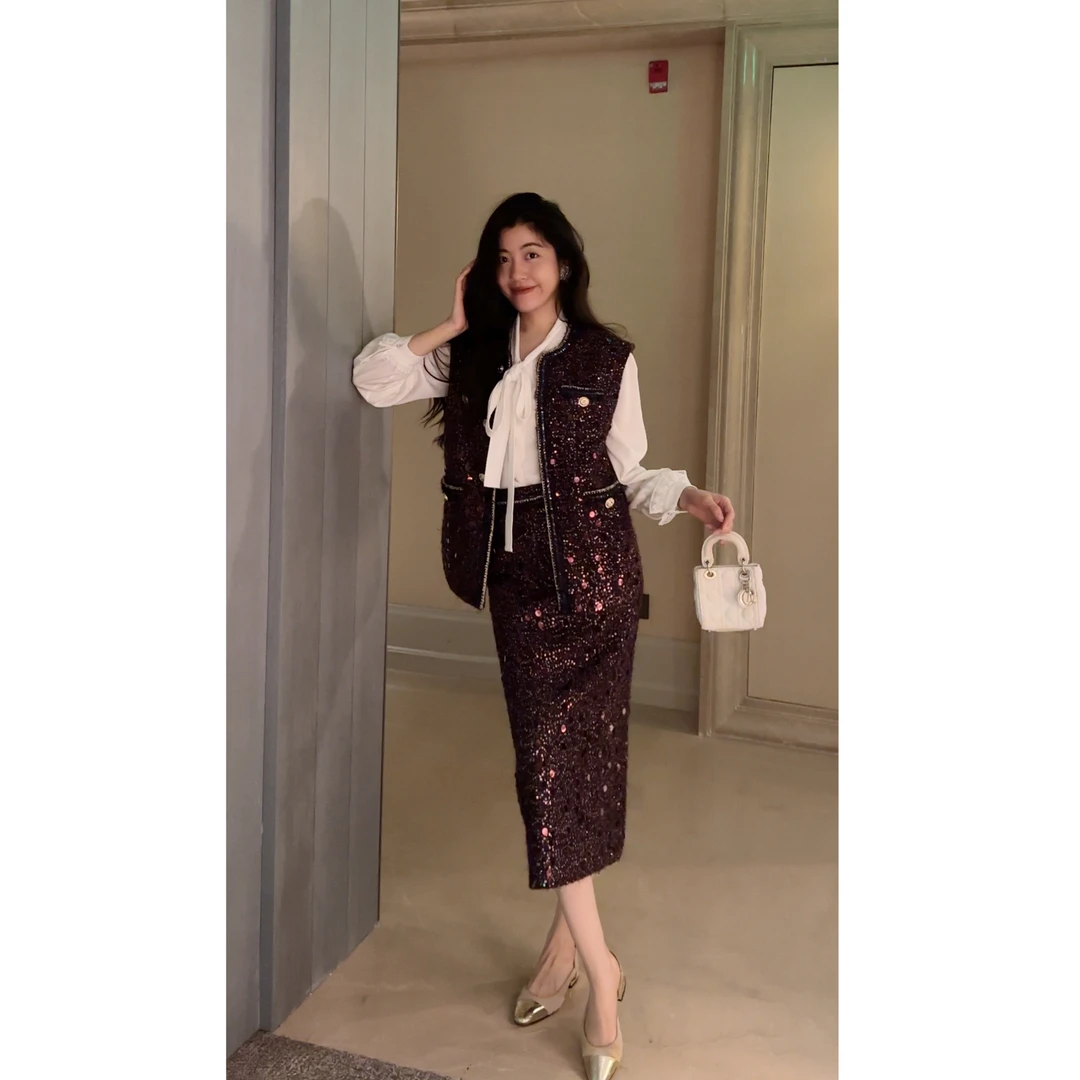 N.COU妮蔻25秋新款法式小香风贵气感轻奢编织镶边马甲套装DY23173