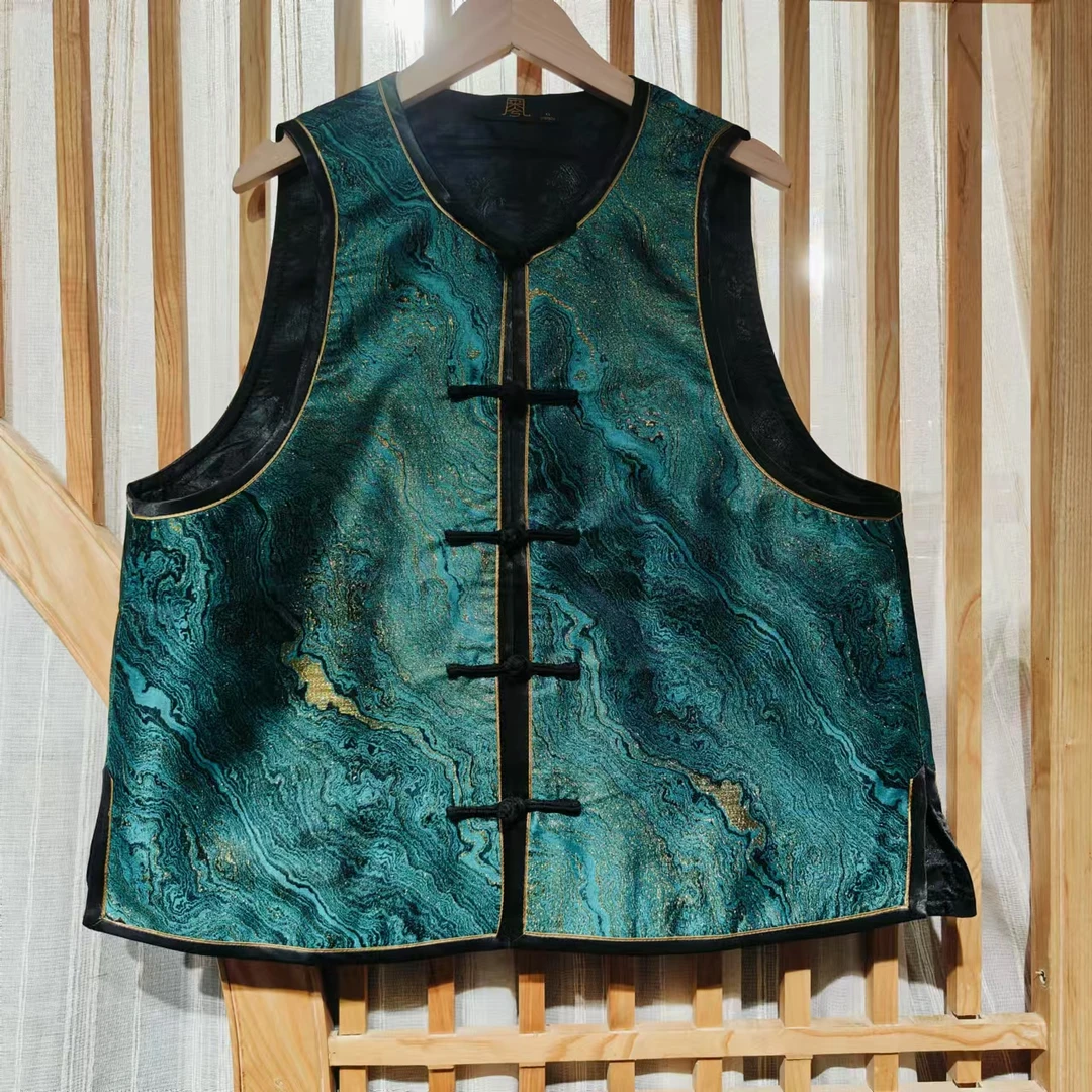 凤徕兮私人定制炫彩绿色对襟盘扣圆领马甲 （HM101039）