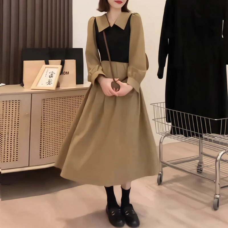 2025初秋新款长袖韩版A字裙高腰法式拼接连衣裙显瘦大码女装韩系