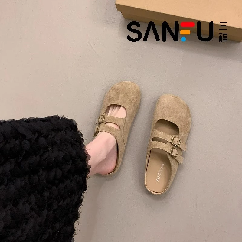 三福勃肯鞋包头半拖鞋女外穿2025新款春夏配裙子一脚蹬玛丽珍单鞋