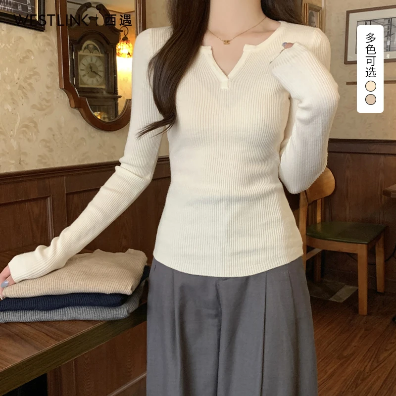 西遇长袖内搭打底衫女2025年秋季新款纯色修身显瘦小v领套头毛衣