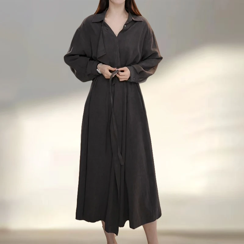 法式高奢感系带显瘦POLO领连衣裙早秋新款显气质收腰加宽加大长裙