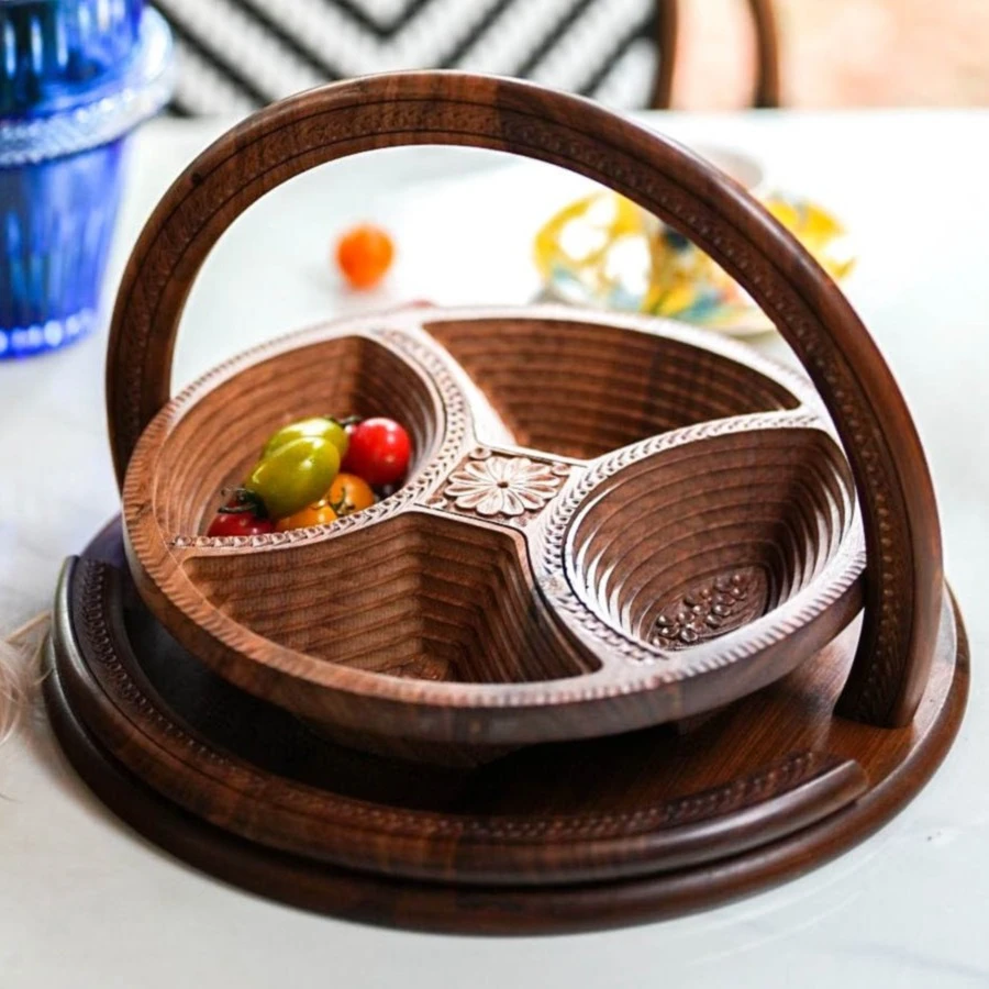 【奇居腾飞】 阔叶黄檀手提篮分隔果盘 零食收纳篮#PWSB001-14A1