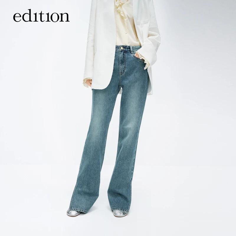 【达人专属】edition桑蚕丝牛仔复古喇叭开衩牛仔裤#EBD1JEN004