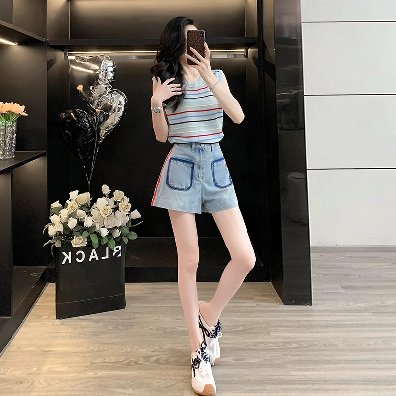 休闲套装女夏季彩色条纹针织背心牛仔短裤两件套小个子穿搭一整套
