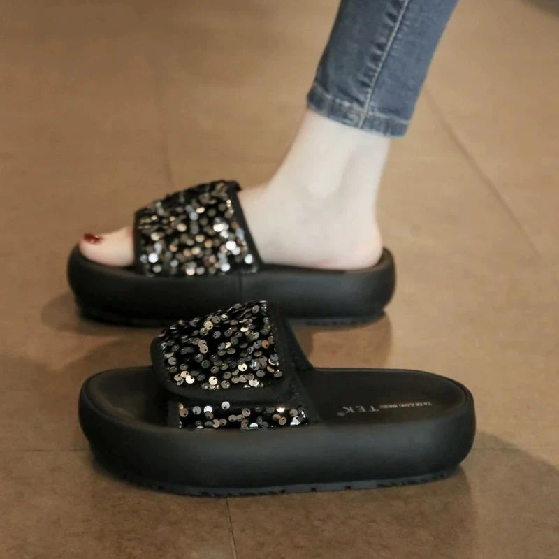 厚底拖鞋女亮片时尚外穿2025夏季新款高级感百搭休闲孕妇一字拖女