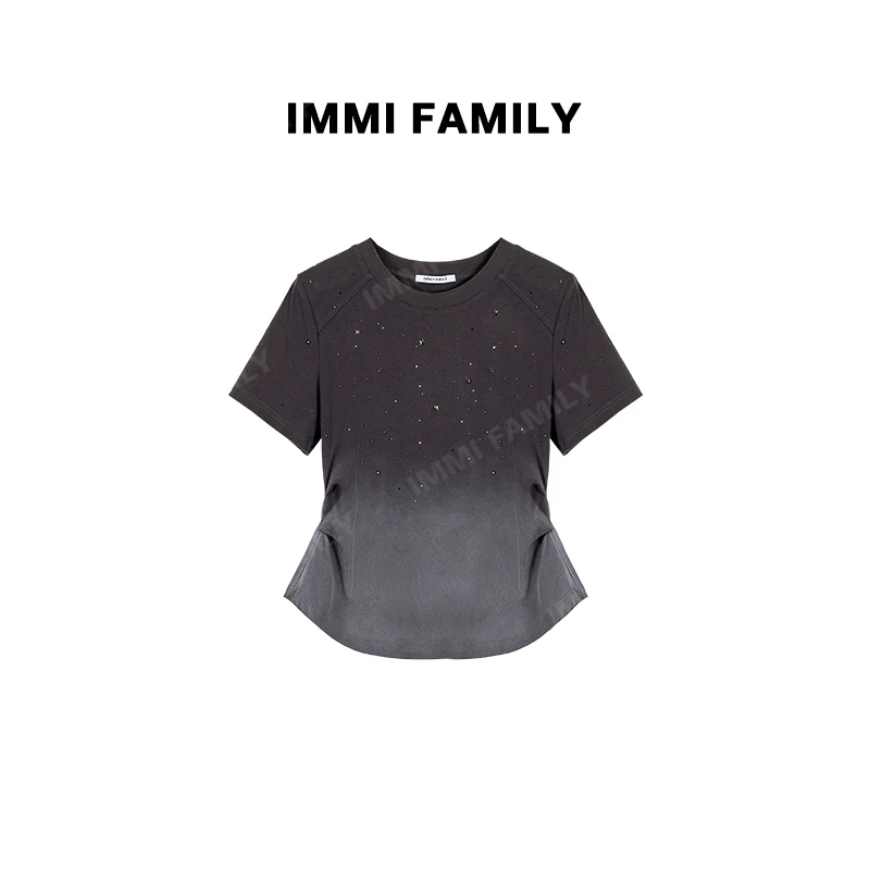 彩虹#84443夏季福利渐变色满天星烫钻修身上衣，衣长：58cm