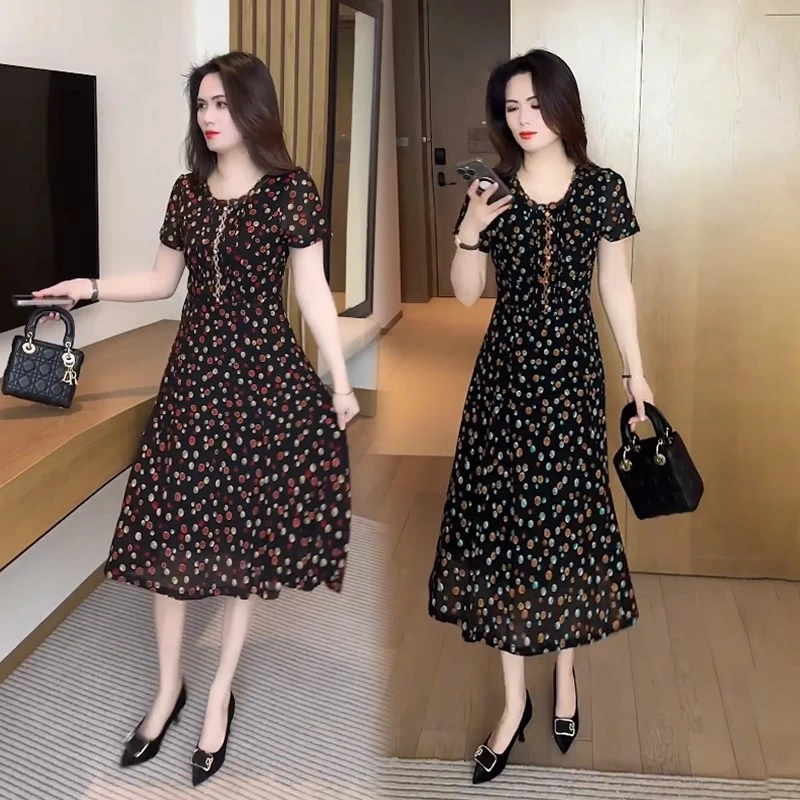 时尚短袖连衣裙2025年夏季新款洋气质显瘦中长款女装漂亮裙子