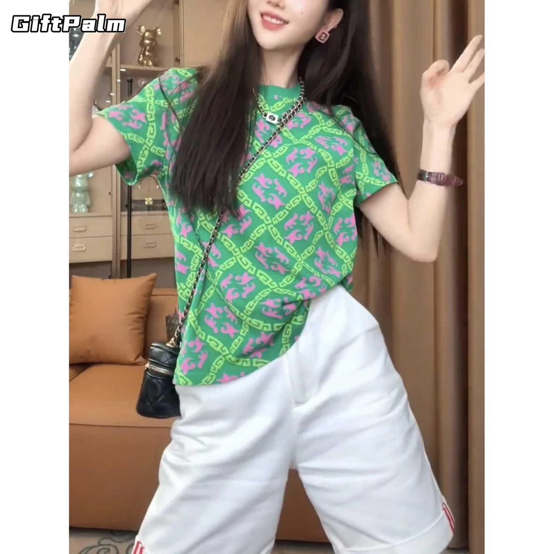 GiftPalm2025夏季新款时尚印花短袖t恤女宽松显瘦百搭圆领上衣潮