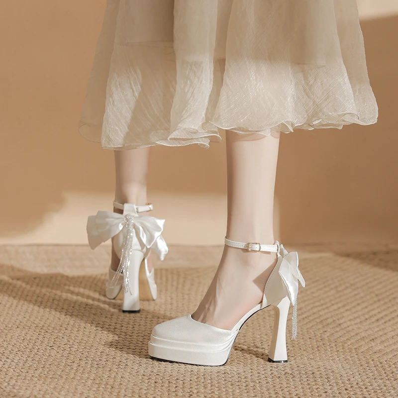 玛丽珍鞋女爆款新款婚鞋粗跟超高跟白色仙女风婚鞋伴娘定婚宴跟鞋