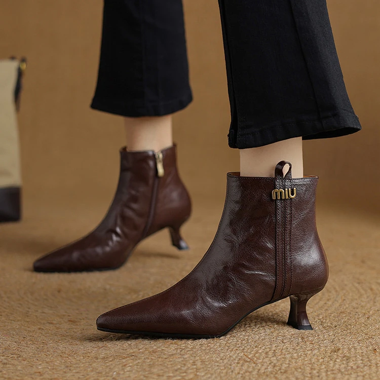 羊皮手抓5cm～法式气质尖头猫跟短靴女显瘦百搭秋冬粗跟单靴及裸靴