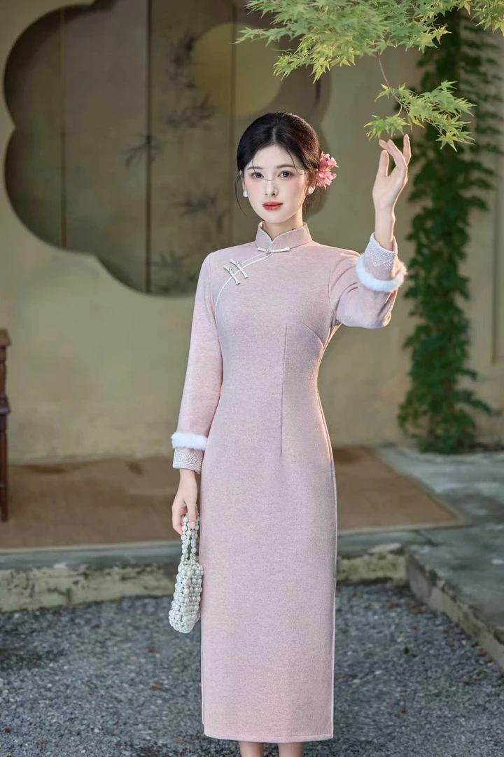 【霏霏】苏州旗袍网红加厚长袖时尚冬季国风提花植物花卉包袖