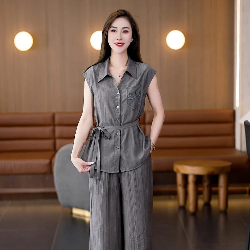 级感气质衬衣套装女夏2025夏季新款无袖中长款衬衣阔腿裤两件套